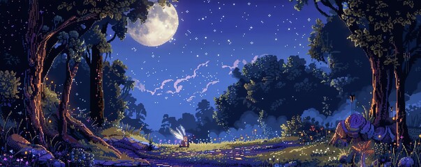Pixelated enchanted forest clearing with a fairy gathering under moonlight