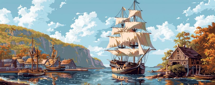 Pixelated colonial times New England harbor with sailing ships and settlers