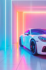 A concept car in a futuristic style in neon light - obrazy, fototapety, plakaty