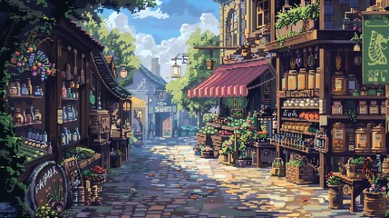 Pixelated fantasy market with magical goods and mystical vendors