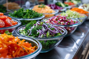 A variety of fresh cut vegetables displayed in glass bowls at a salad bar, featuring bright colors and healthy options.