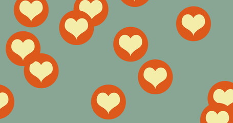Image of multiple heart icons floating against pale green background - Powered by Adobe