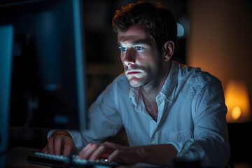 Worried man writing an email. sitting in a dark room concerned expression. 