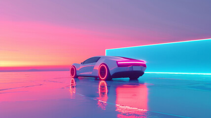 A concept car in a futuristic style in neon light - obrazy, fototapety, plakaty