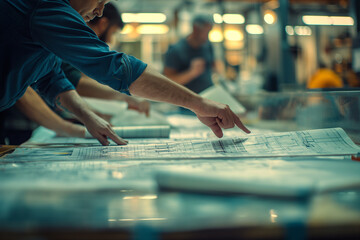 Workers engage with architectural blueprints on a worktable, highlighting concentration and teamwork