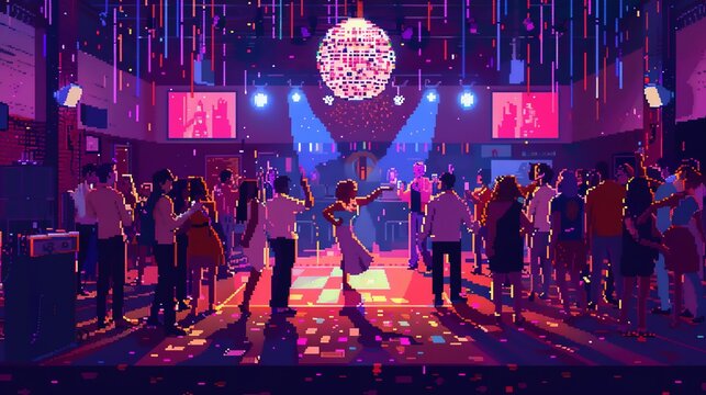 Pixelated high school prom with dancing students and a disco ball