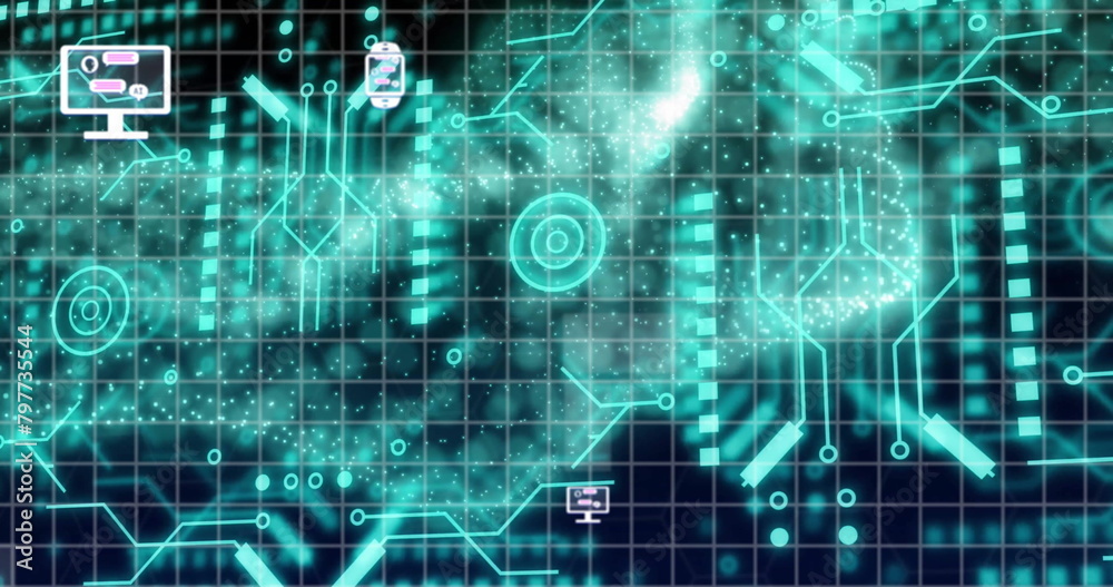 Poster image of ai chat interface in smartwatch, digital tablet and computer over dynamic wave pattern