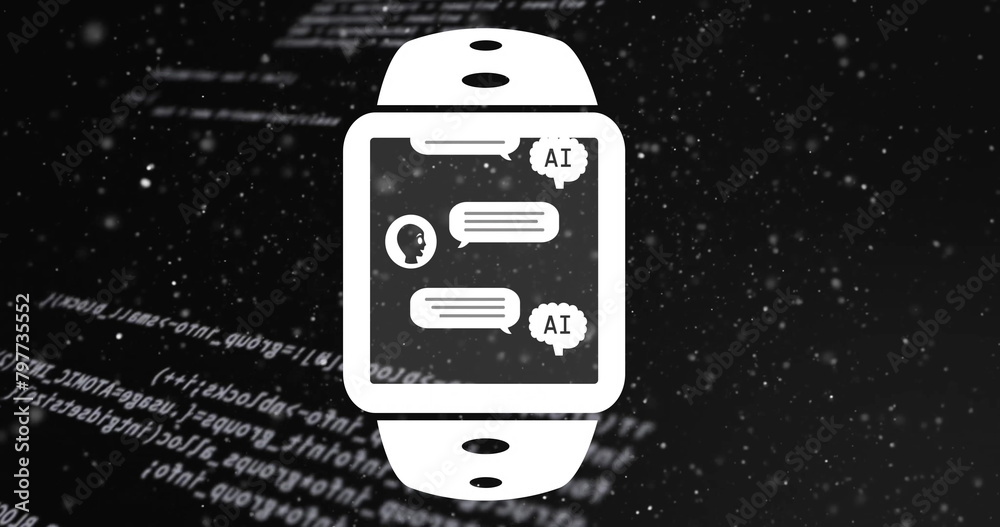 Poster image of ai chat interface in smartwatch and computer language over black background