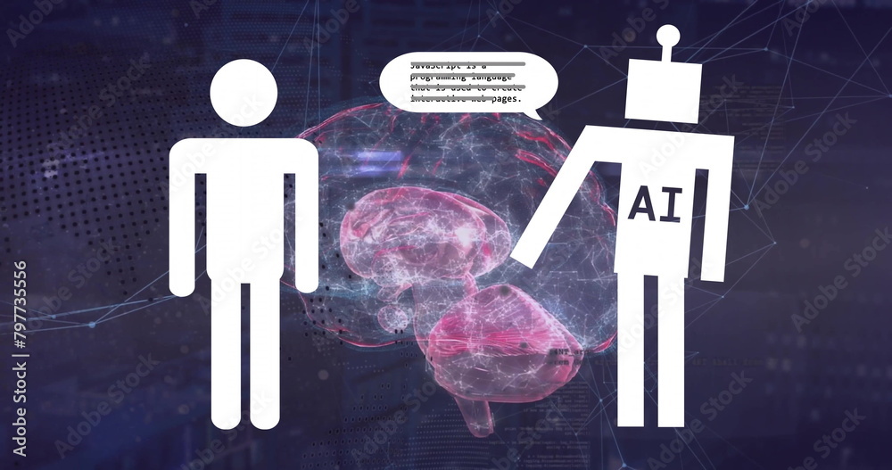 Poster image of human representation and ai text in robot, binary codes in speech bubble over brain