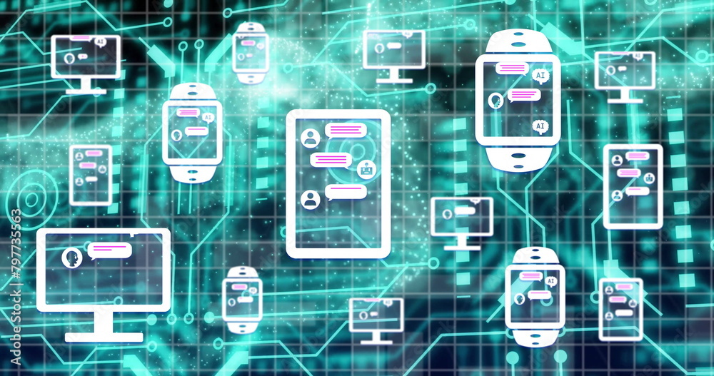 Poster image of ai chat interface in smartwatch, digital tablet and computer over dynamic wave pattern
