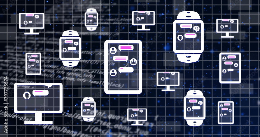 Poster image of ai interface in smartwatches, cellphone and computers over computer language