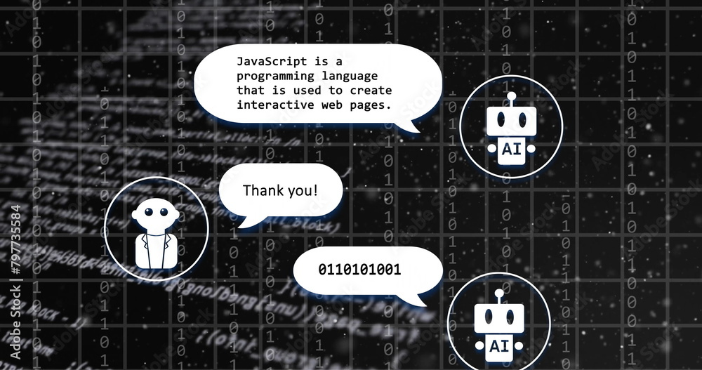 Poster image of ai chat interface, grid pattern and computer language over black background