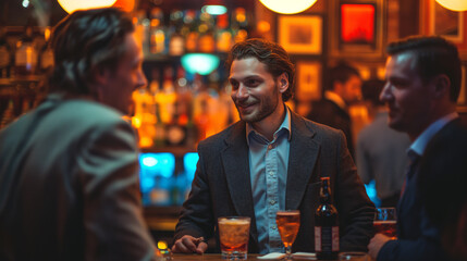 Fototapeta premium A laid-back gathering of friends at a bar, with one man in focus conversing in a lively environment