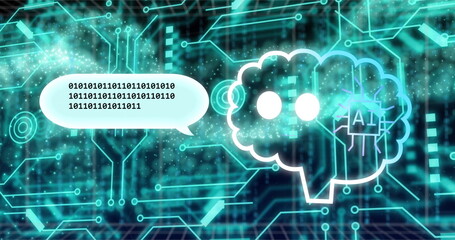 Image of robot, binary codes in speech bubble, dynamic wave and circuit board pattern