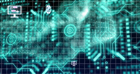 Image of ai chat interface in smartwatch, digital tablet and computer over dynamic wave pattern