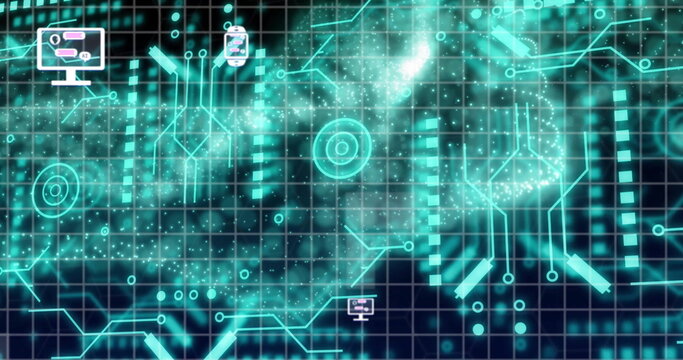 Image of ai chat interface in smartwatch, digital tablet and computer over dynamic wave pattern - Powered by Adobe