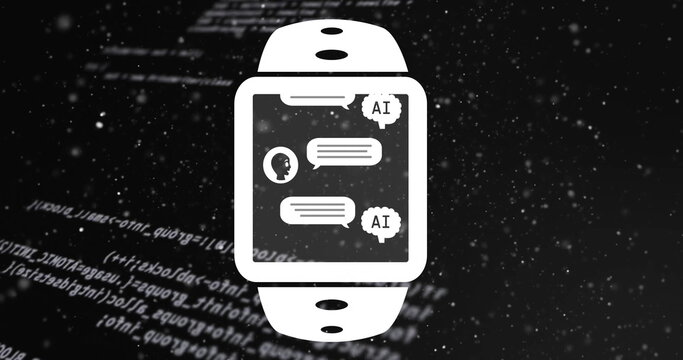Image of ai chat interface in smartwatch and computer language over black background - Powered by Adobe