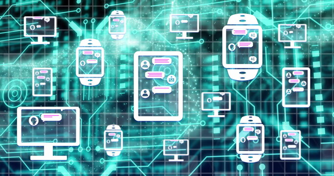 Image of ai chat interface in smartwatch, digital tablet and computer over dynamic wave pattern - Powered by Adobe