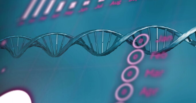 Image of data processing over dna strand on blue background