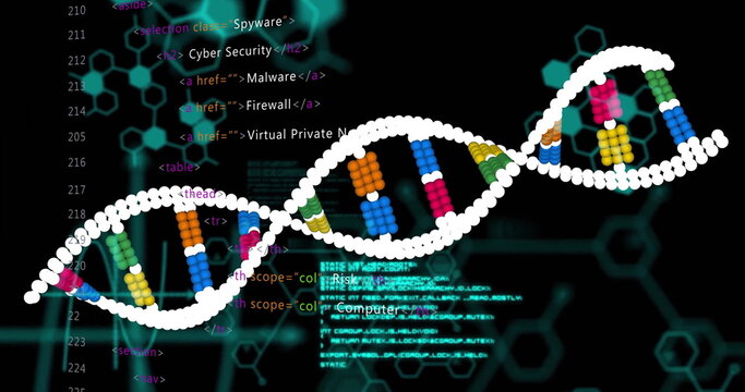 Image of data processing over dna strand on black background