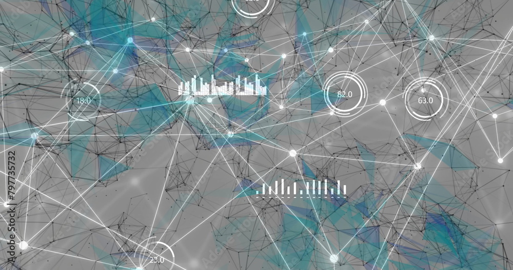 Poster image of graphs, changing numbers in loading circles connected dots forming geometric shapes