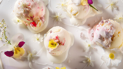Elegant ice cream concoctions showcase gourmet scoops adorned with edible flowers and delicate toppings on a white surface