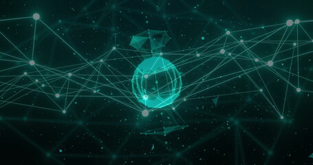 Image of dots connected with lines over lines around rotating globe over abstract background