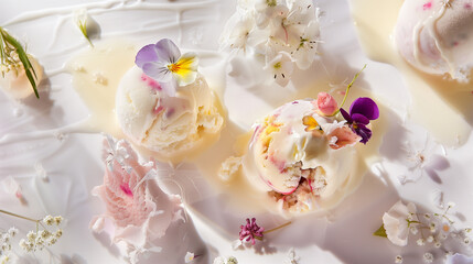 Refined ice cream creations highlight gourmet scoops with edible flowers and delicate toppings on a white backdrop