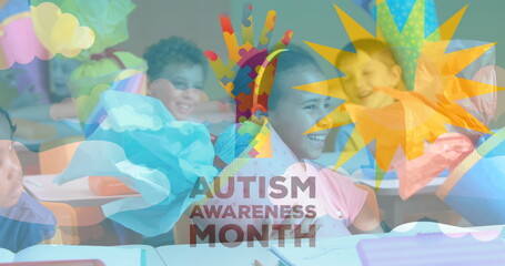 Image of autism awareness month text and hand formed with puzzles over happy schoolchildren