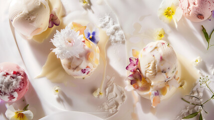 Elegant ice cream arrangements exhibit gourmet scoops adorned with edible flowers and delicate toppings on a white backdrop