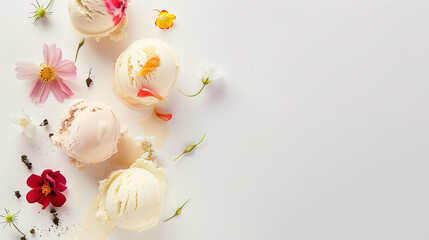 Gourmet ice cream creations display sophisticated arrangements of scoops with edible flowers and delicate toppings on a white base
