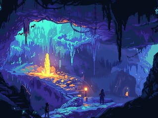 Pixelated underground cave adventure with spelunkers, stalactites, and bats