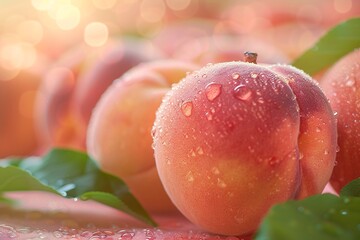 Close-up of fresh, dewy peaches with vibrant leaves against a blurred peach-toned background, sparkling with bokeh effects.
