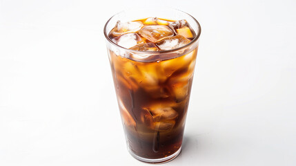 Enjoy icy cold brew in elegant glassware against a clean white backdrop, capturing summertime refreshment. Ideal for promoting chilled coffee, cafe menus, or lifestyle magazines.