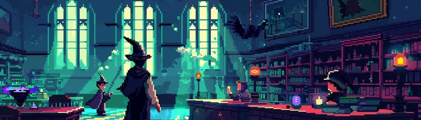 Pixelated wizard school with students casting spells and magical classrooms