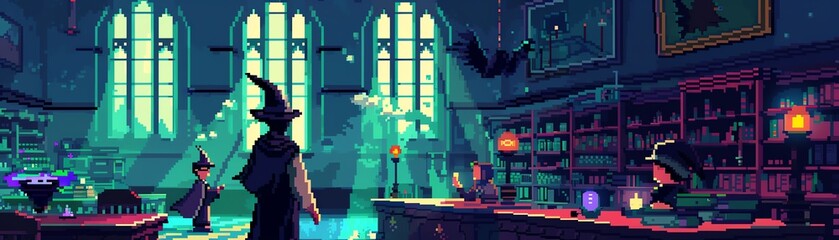 Obraz premium Pixelated wizard school with students casting spells and magical classrooms