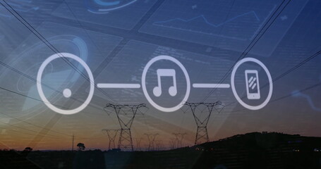 Image of financial data processing over electric pylons in countryside