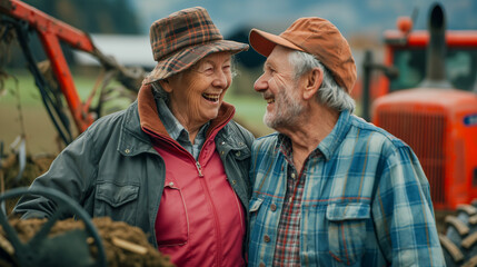 Senior man and woman, farmers. A couple of elderly people stand in a field near their agricultural machinery.