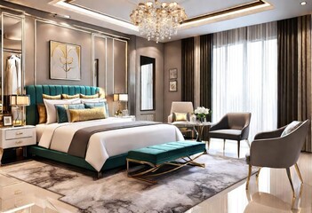 Lavish sleeping space adorned with gold elements and upscale chandelier, Opulent bedroom with exquisite gold touches and grand chandelier, Luxurious room featuring gold décor and stunning chandelier.