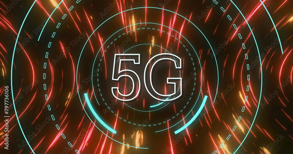 Poster image of digital interface with 5g network of connections and scope in glowing tunnel