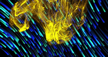 Image of dynamic wave pattern and lines moving in circular motion against black background