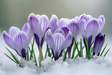 Purple Crocuses Slowly Opening on a Frosty Winter Morning: Symbolizing Life's Strength Amid the...