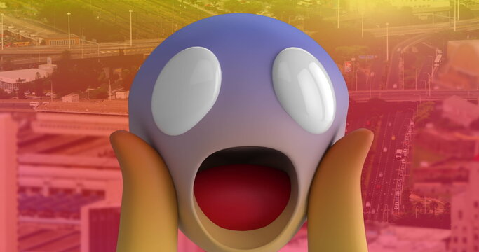 Digital composition of multiple changing face emojis against cityscape in background - Powered by Adobe