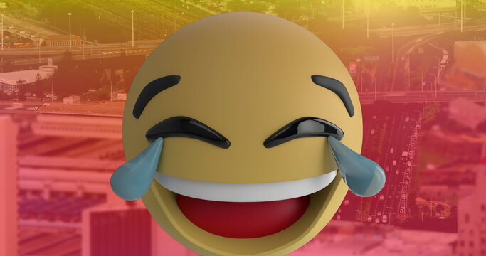 Digital composition of multiple changing face emojis against cityscape in background