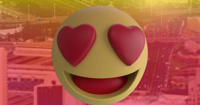 Digital composition of multiple changing face emojis against cityscape in background - Powered by Adobe