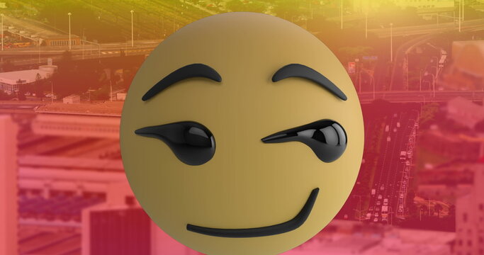 Digital composition of multiple changing face emojis against cityscape in background