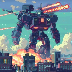 Retro pixel art giant robot showdown in a futuristic city with explosions and drama