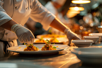 Chefs add final touches to dishes in a bustling restaurant kitchen environment