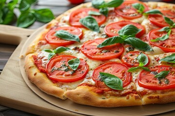 Freshly Baked Pizza with Delicious Toppings - Tomatoes and Basil Slice