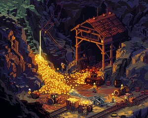 Retro pixel art gold mine with miners, carts, and gold nuggets